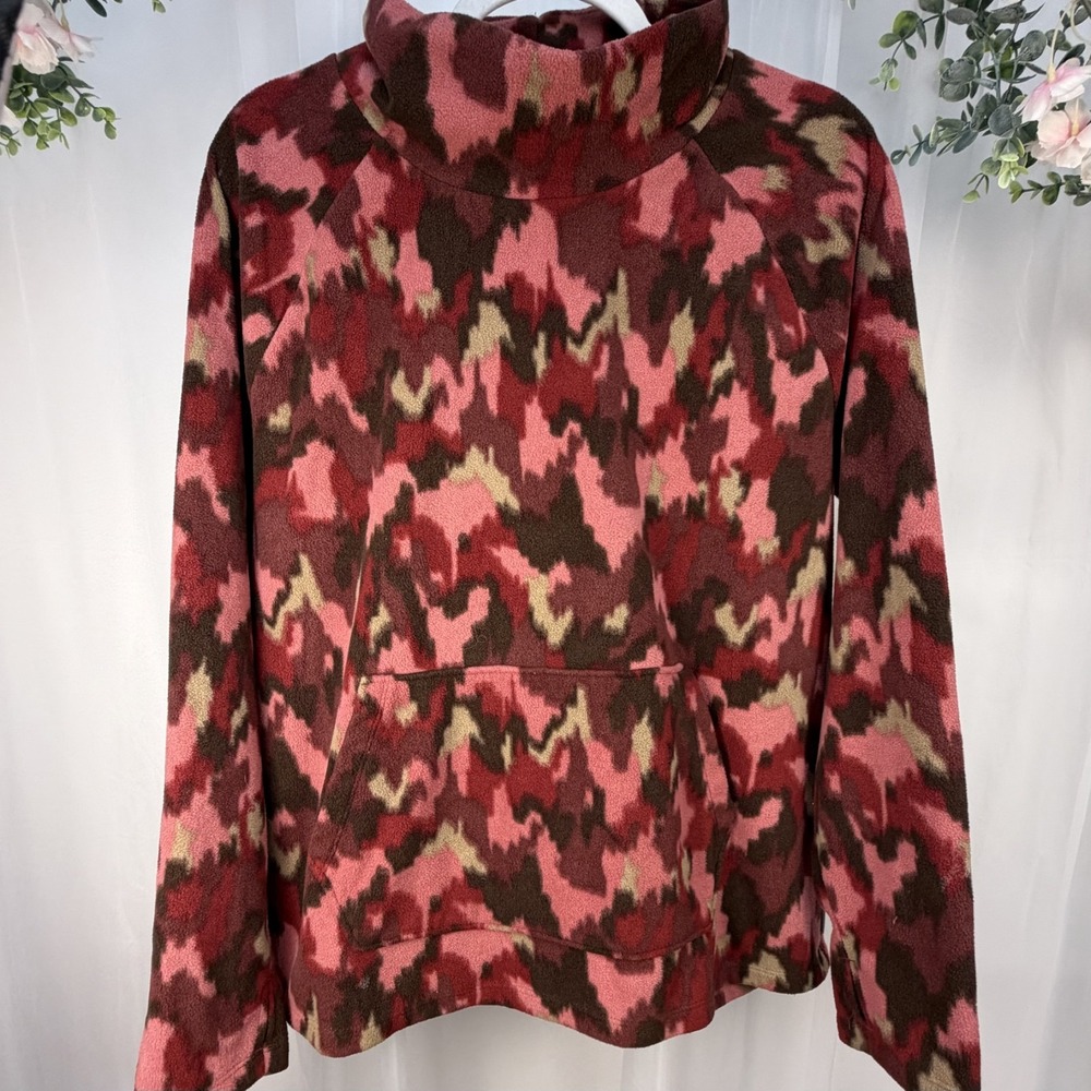 Eddie Bauer Fleece Pullover Women's Large Camo Mock Neck Kangaroo Pocket Hiking